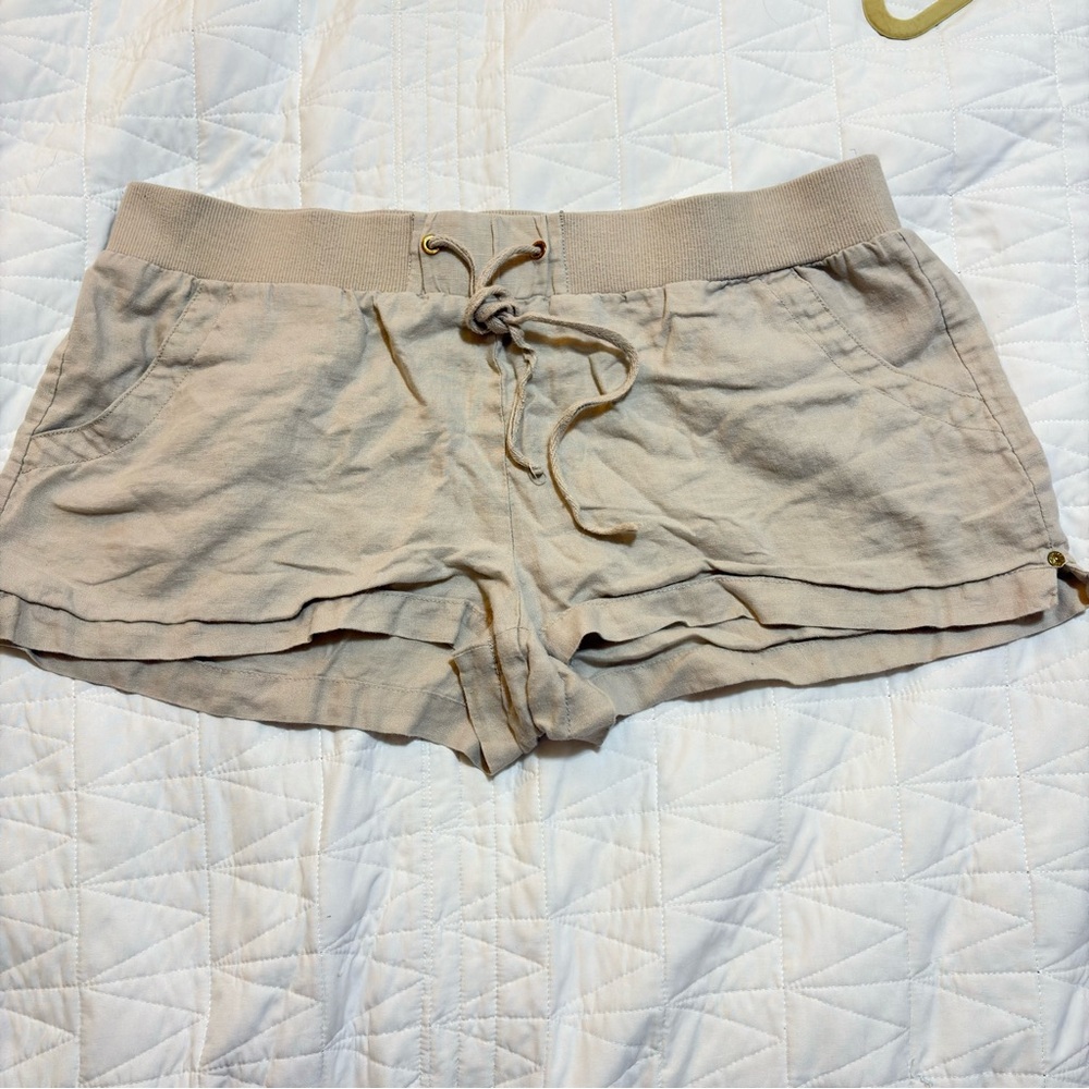 Guess Women 100% Linen Shorts Beige Low Rise XL Drawstring Pockets